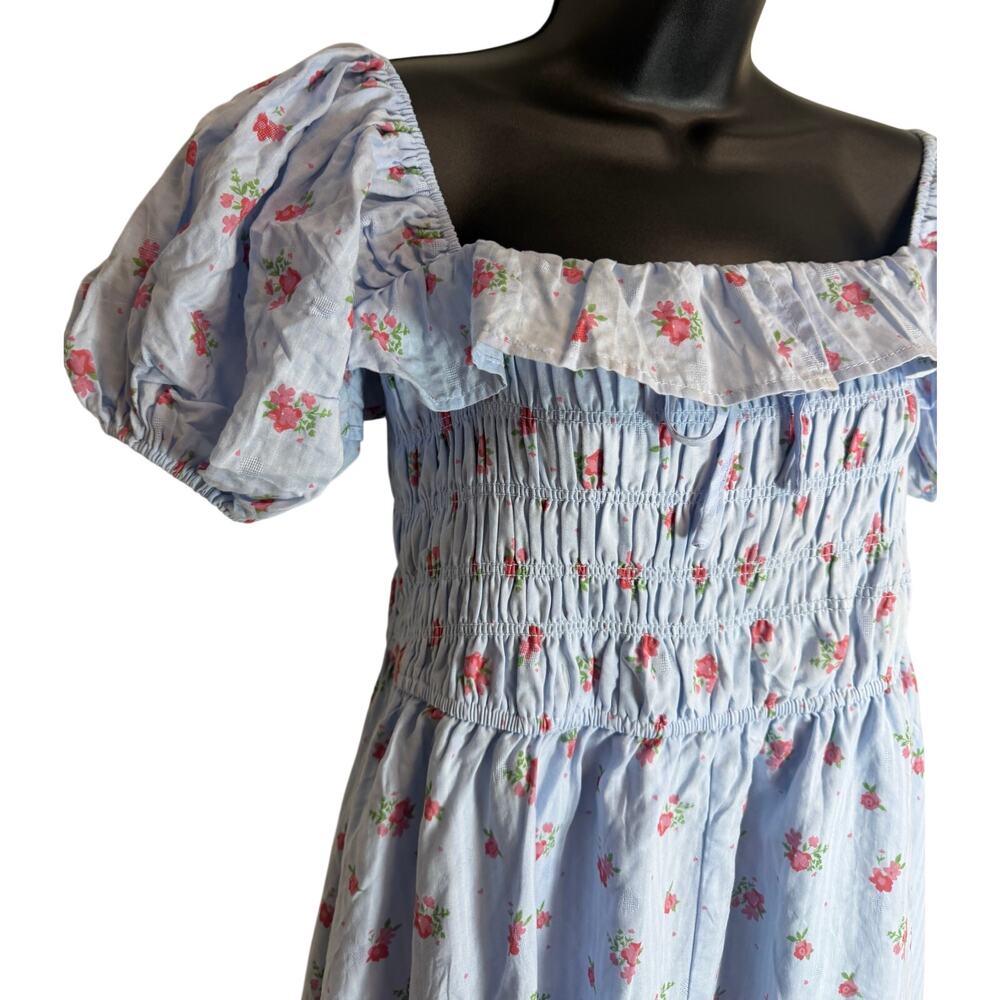 R. Vivimos Floral Smocked Midi Dress XL Blue Cottagecore Puff Sleeve New NWT - Picture 4 of 10